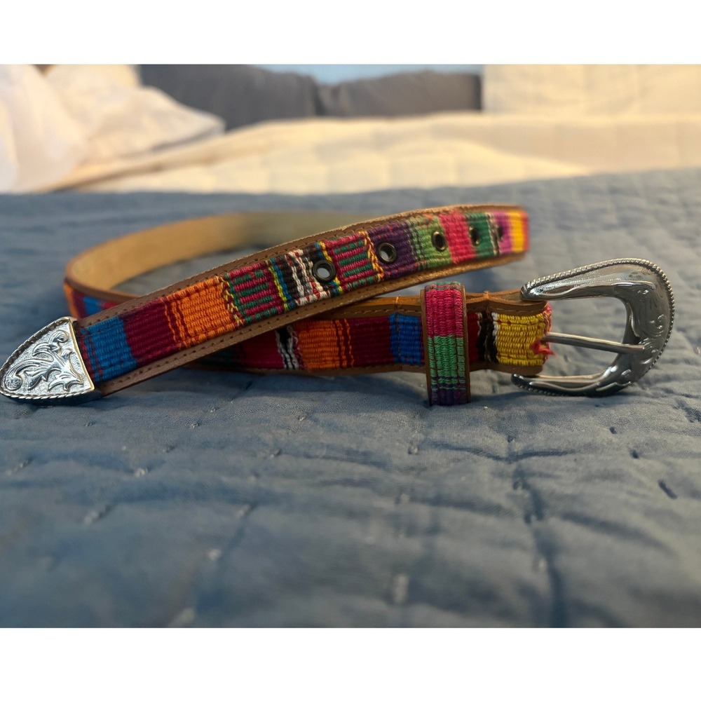 Woven Southwestern Western Leather Belt Multicolor Striped Silver Buckle Size M
